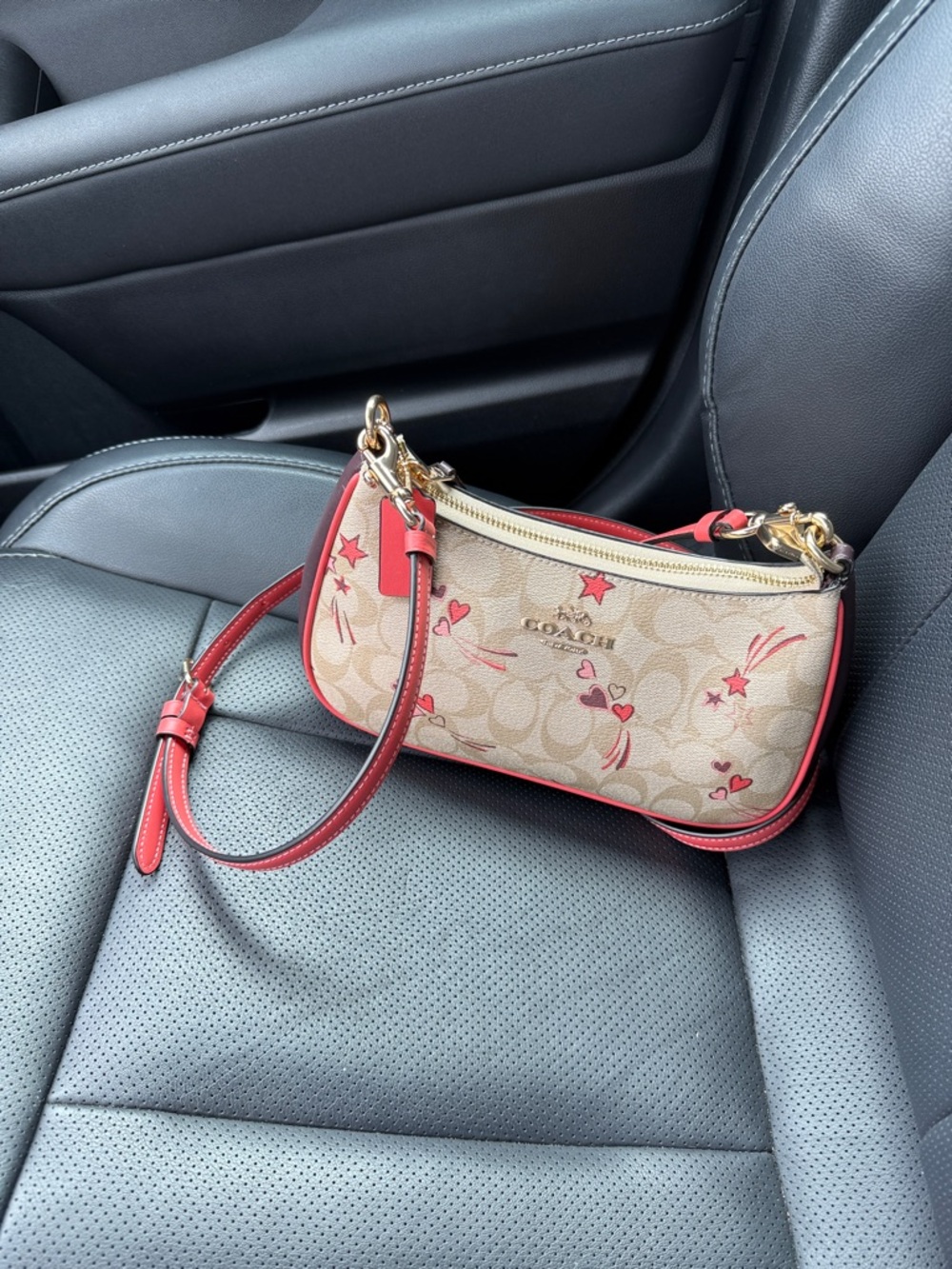 Coach Signature Canvas Small Shoulder Bag in Khaki/Red
